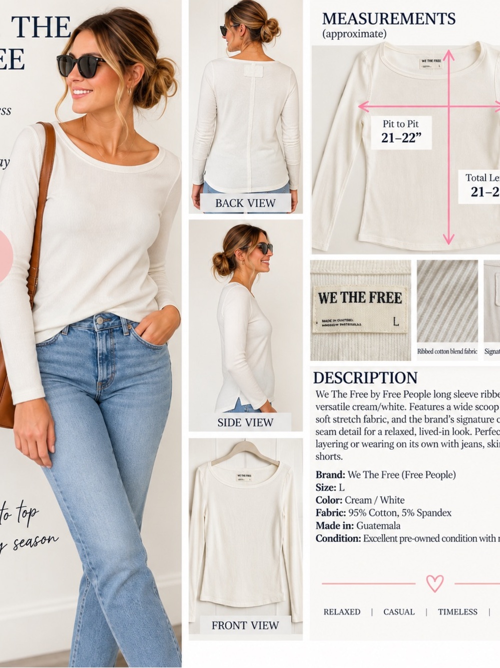 We The Free Cream Ribbed Long Sleeve Scoop Neck Top #106